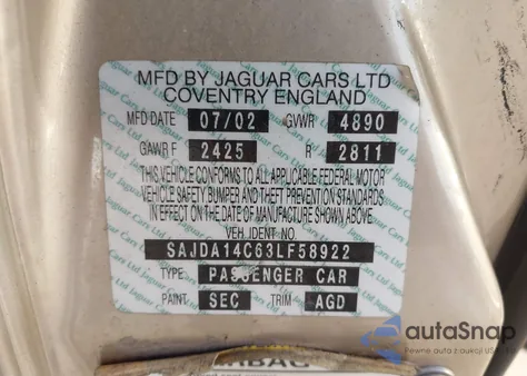 2003 Jaguar Xj Xj8 z USA, uszkodzony, nr VIN SAJDA14C63LF58922